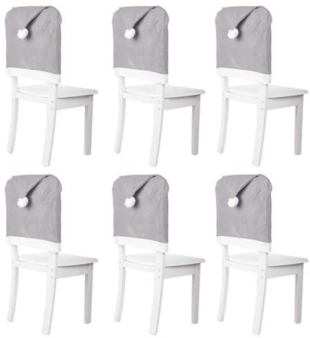 AOOPOO Weihnachten Stuhlhussen, 4er/6er Set Grau Esszimmer Stuhl Überzug Abdeckungen Weihnachtsmann Hut Stuhlrückenbezüge für Esstisch Stühle Xmas Party Dekor (6er)
