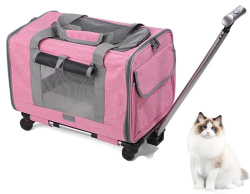 Transporttasche mit Rollen für Katze und Hunde, Tragetasche mit Teleskopgriff und Abnehmbaren Rädern, Faltbare Haustiertrage Transportbox mit Trolley für Kleine Mittelgroße Hund und Katzen (Rosa)