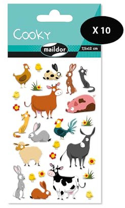 MY MANDARINE CY022Opack - Packung mit 10 Stickerbögen 3D Stickers Cooky, 200 Stickers, Tiere auf dem Bauernhof, 1 Pack