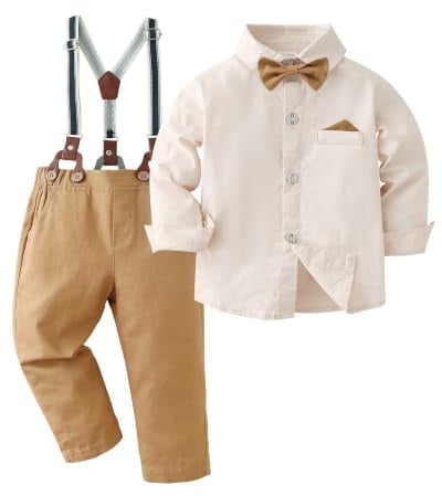 Amissz Baby Jungen Gentleman Set, Kinder Festliche Kleidung Taufkleidung Anzug Langärmeliges Shirt & Hosen Outfit Aprikose, 7-8 Jahre