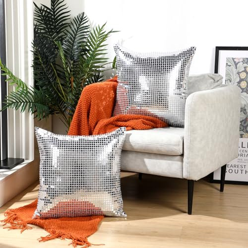 Fanfanwin 2 Stück silberne Discokugel-Kissenbezüge, 45,7 x 45,7 cm, Pailletten, glitzernd, quadratisch, glänzend, für Disco-Party, Hochzeit, Zuhause, Schlafzimmer, Sofa, Couch, Dekoration
