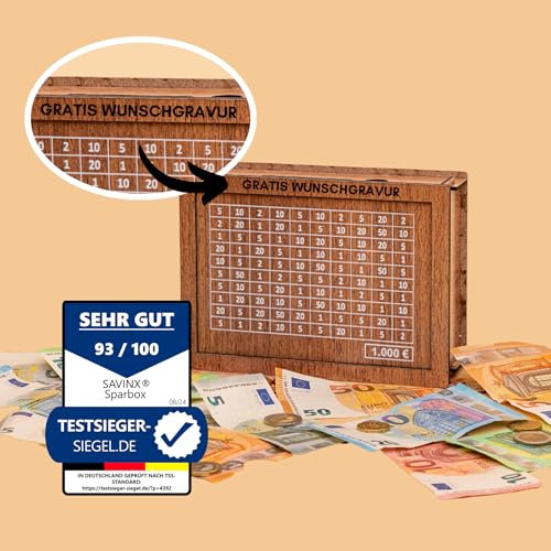 Spardose mit Namensgravur 1000€ • SparBox: Das Original (6 Größen) • Wiederverwendbar • mit Zahlen zum ankreuzen • Geschenk für Kinder & Erwachsene