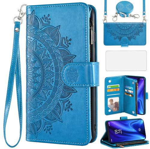 Asuwish Funda para Xiaomi Mi 9T/Mi9T Pro/Redmi K20/RedmiK20 Pro funda con cinta y lámina protectora de pantalla tarjetero plegable piel flores monedero soporte M1903F10G Mi9TPro T9 teléfono móvil