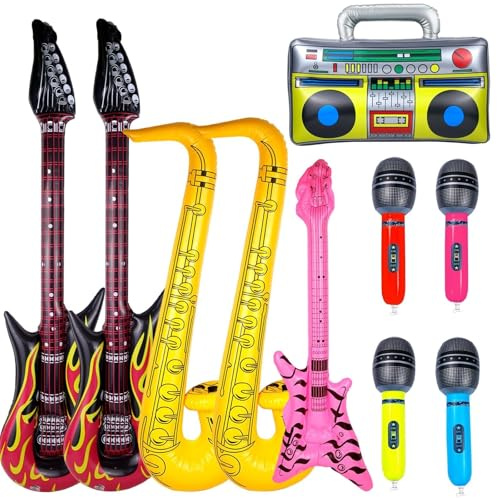 Naturahand Lot de 10 instruments gonflables pour fête - Saxophone basse - Microphone rock - Guitare électrique - Enregistreur - Convient pour diverses fêtes musicales