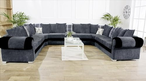 Black & Grey Large U shape sofas- Corner Sofa for Living Room jumbo Cord Fabric Settee Sofas - Cheap Left & Right couches - 555 (Grey, U Shape Sofa)