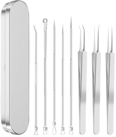 Extracteur Point Noir 9 Pcs Tire-ComéDon Inox Professionnel Outil D'Acné Pince Blackhead Remover Outilour Tire ComéDons,Ensemble Pinces à éPiler Avec éTui En MéTal Outil Suppression Points