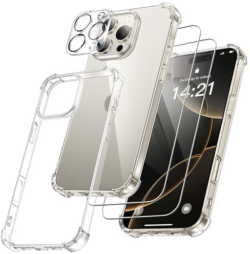 FLLAO 4 in 1 Cover per iPhone 16 Pro Max con 2 Pellicola Vetro Temperato e 1 Pellicola Protezione Fotocamera, [Protezione Antiurto Militare] Antishock Custodia per iPhone 16 Pro Max,Trasparente