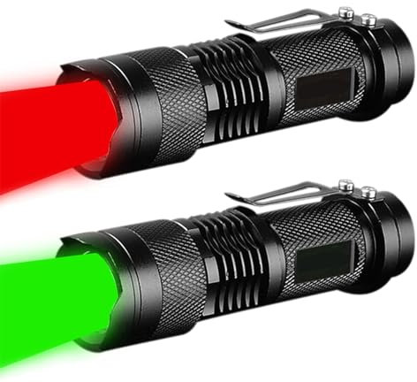 MVIOCS Confezione da 2 torce a LED, mini torce a LED rosse, verdi e blu, con 3 modalità, impermeabile, zoomabile, per campeggio, attività all'aperto, astronomia notturna (rosso e verde)