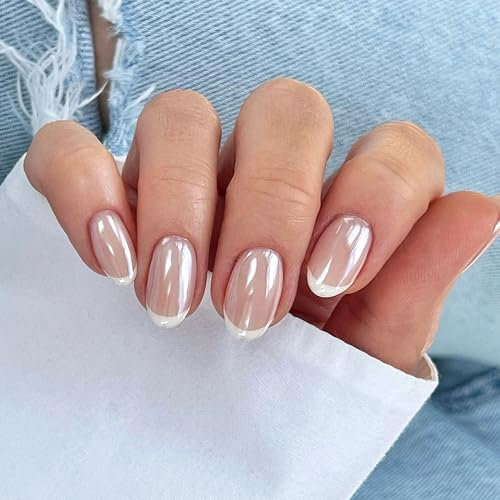 30 Stück Weiß Rosa French Tipp Press on Nails Kurz Mandel Gefälschte Nägel Chrom False Nails Glänzend Vollabdeckung Falsche Nägel, Acryl Künstliche Fingernägel für Frauen Maniküre (Weiße French)