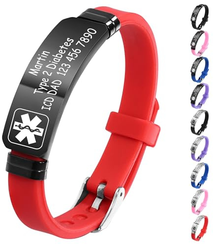 MeMeDIY Personalisierte Medizinische Alarm Armbänder für Frauen/Männer Verstellbare Silikon Wasserdichtes Armband/Armbänder aus Edelstahl mit Eingraviertem Medizinische ID Alert Info Style-C6