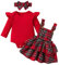 LUVCES Baby Mädchen Herbst Winter Röcke Sets Rüschen Langarm Strampler Top Plaid Rock Infant Overalls Hosenträger Kleid Kleidung Outfits Rot Plaid 6-12 Monate