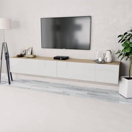 Sufrk Meuble TV 2 pièces en bois multicouche 120 x 40 x 34 cm, blanc brillant, chêne - Meuble TV avec étagère murale, étagères ouvertes et armoire fermée pour salon et chambre à coucher, en aggloméré