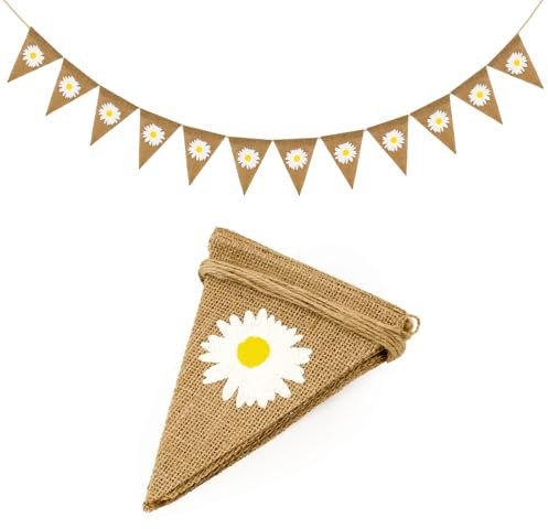 G2PLUS Bandierine in Iuta con Fiori Margherita - 12 Pezzi Decorazioni Vintage per Feste, Giardino, Camera dei Bambini | Stile Lino Naturale, Idee Regalo