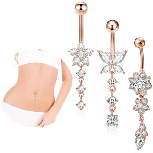 WUMZIRA Bauchnabelpiercing 10mm Rose Gold Bauchpiercing Chirurgenstahl Herz Schmetterling Blume Anhänger Piercing Bauchnabel Schmuck Damen bauchnabelpiercing Rose Gold