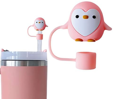 Lindos adornos de paja de pingüino para taza Stanley, tapa de silicona de 10 mm para accesorios de taza Stanley, bonita tapa de popote para vasos de 30 y 40 onzas (rosa claro)
