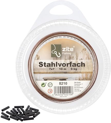 Zite Fishing Vorfachmaterial Stahl | Premium 7x7 Edelstahlvorfach für Raubfische 6-12kg | Vorfachmaterial zum Selberbauen | 10m Spule mit 20 Quetschhülsen | Nylonummantelung in Braun (9 kg)