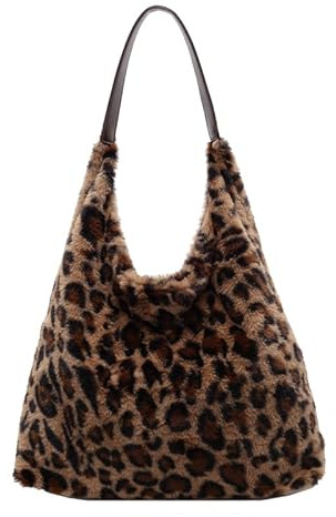 Cymwer Flauschige Einkaufstasche, Damen-Plüsch-Leoparden-Umhängetasche, Kunstfell-Tasche, Y2K-Plüsch-Geldbörse, Schulter-Handtasche