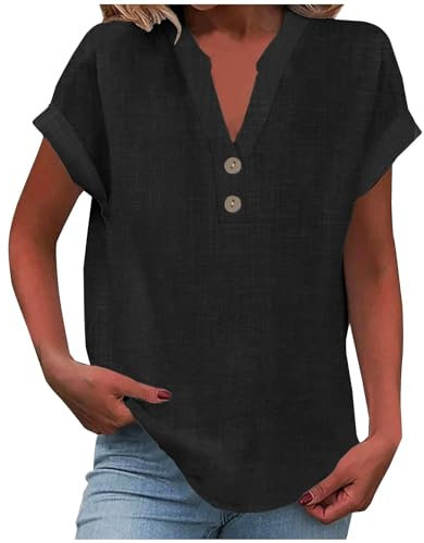 Tops for Women UK, Ladies Tops 2025 Women's Summer Cotton Linen Cap Sleeve T-Shirt Button V Neck Tunic Top Fashion Baggy Solid Plain Casual Shirts Trendy Blouse Black