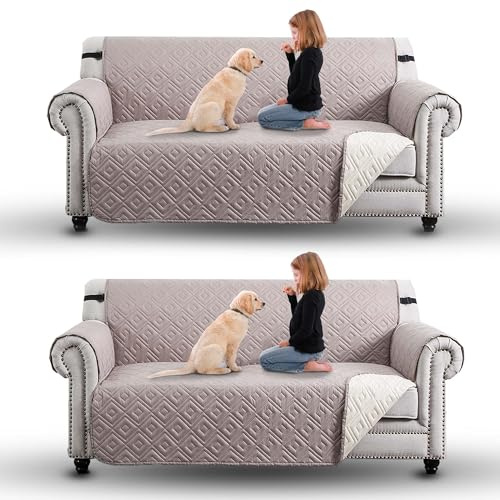 Moonlight Bedding Sofa Cover 3 Seater 2 Pack Water Resistant Sofa Slipcovers Non Slip Reversible Quilted Furniture Protectors from Pets/Dogs, Couch Covers with Elastic Strap (Beige/Cream)