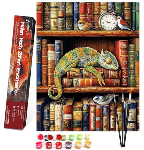 Bougimal Peinture par Numéros Animaux adultes avec pinceaux et peinture acrylique - 40 x 50 cm, Sans Cadre, Lézard et oiseau