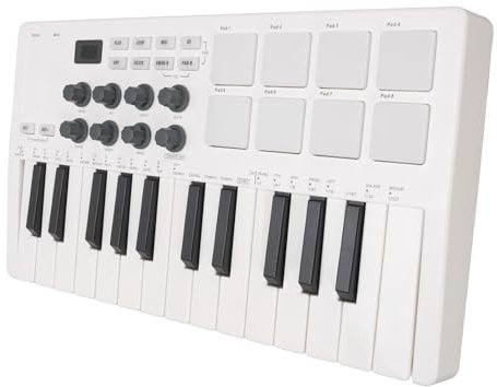 25 Taste MIDI -Tastatur -Controller, Tragbarer Bluetooth MIDI -Tastatur -Controller mit 8 Backbeleuchtung Drum Pads mit 8 Zuweisbaren 360 -Grad -Knöpfen und Musikproduktion