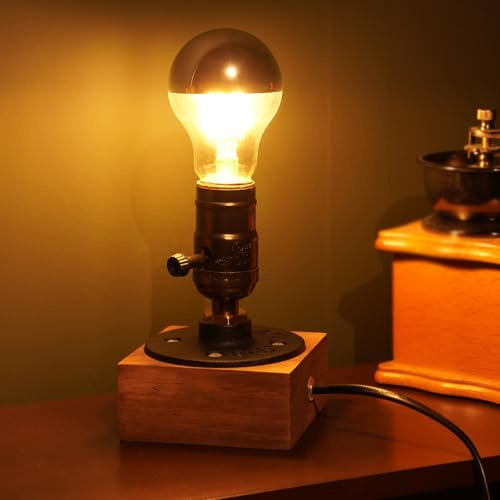 Luxvista Wooden Table Lamp Base with Crown Silver Light Bulb E27, Table Lamp Base Industrial, 1.8m Cable, Vintage Desk Lamp for Cafe, Living Room, Study Decoration