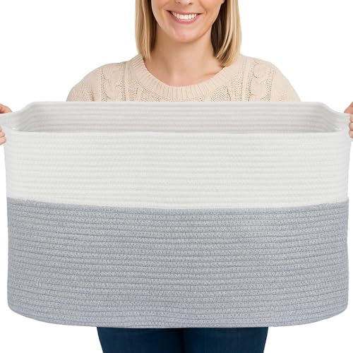 Toemics Large Cotton Rope Storage Basket with Handle 65L Soft Laundry Hamper for Blanket, Pillow, Toy, Clothes Collapsible Woven Basket for Bedroom, Living Room, Nursery, 55x38x30cm (White and Grey)