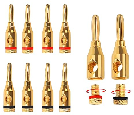 MejaRizon 4mm Lautsprecher Bananenstecker, 10 Stück, 24k Vergoldet Bananenstecker, für Heimkino Wandplatten Lautsprecherkabel (5 rot und 5 schwarz)