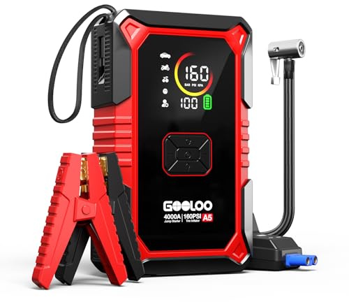 GOOLOO A5 4000A Jump Starter & 160PSI Tire Inflator Combo | All Petrol/10L Diesel Compatible 12V Power Bank w/ LCD Screen, Auto-Shutoff Inflator, LED Light, Portable Roadside Rescue Kit
