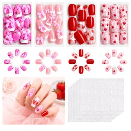 96Pcs Stick On Nails, Girls Press On Nails with Jelly Tab, Short French Tip | Adhesive false nails with pink bows, French tips, strawberries design; Reusable petite fake nail tabs for nail-art decoration