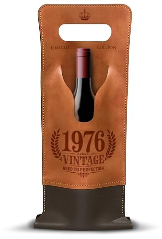 CROWNLY Vintage 1976 Wine Gift Bag — 50th Birthday Gift, Vegan Leather Bottle Bag Aged to Perfection for 750ml Wine & Champagne, Reusable Birthday Bottle Gift Bag for Him and Her