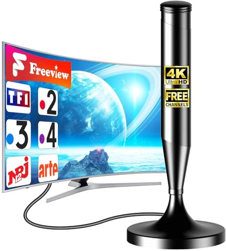 Antenne TNT Intérieure Puissante 2026, Antenne TV HD 4K Réception Longue Portée 360°, Câble Coaxial 5m, Compatible TV Numérique et Smart TV, Chaînes TNT Gratuites