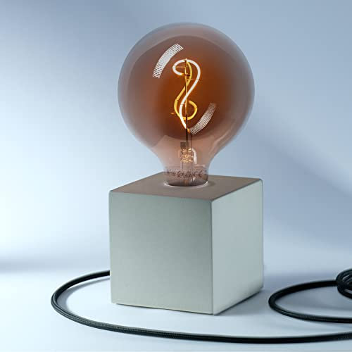 Buchenbusch urban design Designerlampe aus Beton, Nachttisch-Leuchte, Cubelampe als Geschenk, Harmonische Beleuchtung, Als LED Lampe für jeden Raum, Mit farbigem Textilkabel „Schwarz“