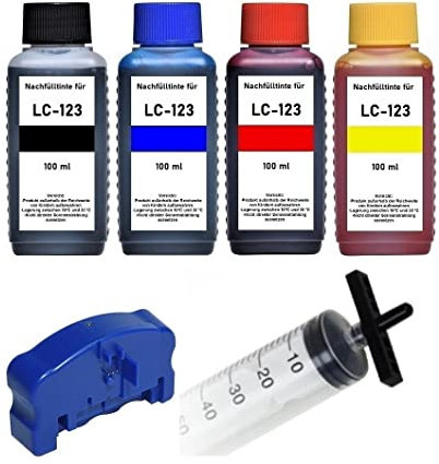 Refill Adattatore come Bro Luer con 1 resetter + 4 X 100 ML Premium inchiostro per riempire le cartucce Brother LC-121, LC-123, LC-125, LC-127, LC-129