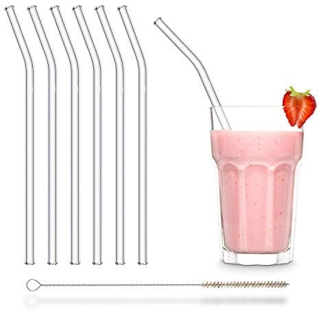 HALM Glasstrohhalme gebogen 6 Stück 23 cm mit Knick + plastikfreie Reinigungsbürste Spülmaschinenfest Wiederverwendbarer Strohhalm Nachhaltige geknickte Glastrinkhalme
