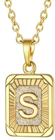 FOCALOOK Damen Collier Anfangsbuchstabe S Kette 18k vergoldet Rechteck Anhänger Halskette für Mädchen verstellbar 50cm Rolokette Accessoire Schmuck für Jahrestag