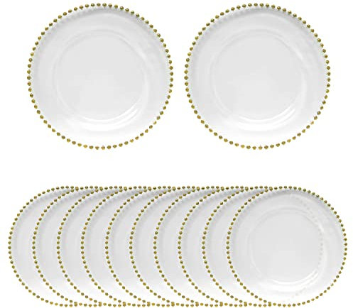 Trimming Shop Elegant Glass Charger Plates with Gold Bead Design, Perfect for Weddings, Parties, and Dining Event Décor - Decorative Glass Chargers with Golden Beaded Rim, Pack of 12