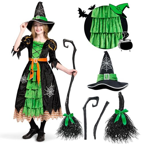 Spooktacular Creations Grün Hexe Kostüm, Hexenkostüm, Karneval Fasching Bekleidung, 3-teiliges Halloween Kostüm Deluxe Set für Mädchen