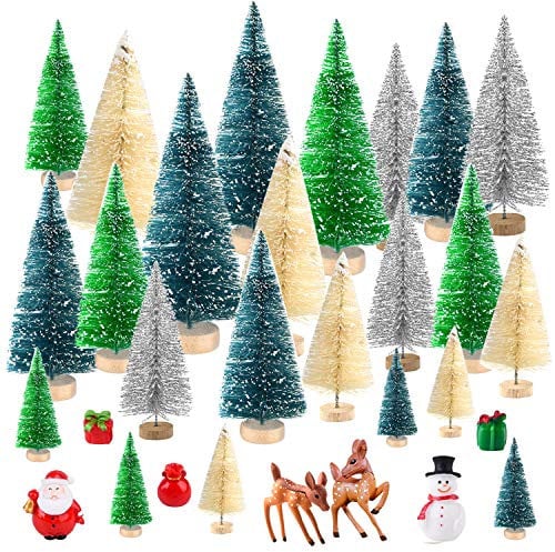 KUUQA 29 Stück Mini Flaschenbürste Bäume Sisal Schnee Frost Bäume mit Miniaturfiguren Schneemann, Rentier, Weihnachtsmann, Box Winter Schnee Ornamente für Weihnachtsschmuck