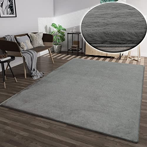 VIMODA Fellteppich Kunstfell Teppich Imitat in Grau Dicht Flauschig Seidiger Glanz Hochflor, Maße:80x150 cm