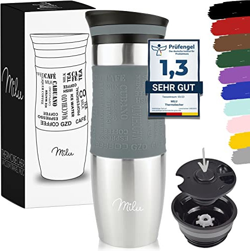 Milu Thermobecher Kaffee to go 370ml, 450ml Isolierbecher Kaffeebecher - 100% Auslaufsicher - Trinkbecher aus Edelstahl - Autobecher doppelwand Isolierung - Travel Mug (Grau, 450ml)