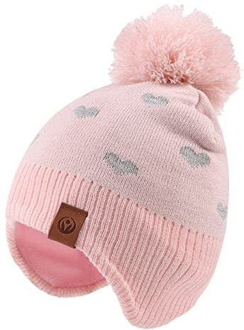 XIAOHAWANG Baby Strickmütze Winter Babymütze Junge Warme Kindermütze Junge Beanie Mütze Dicke Wintermütze für Herbst,Winter(Rosa Herz-Hut,9-24Monate)