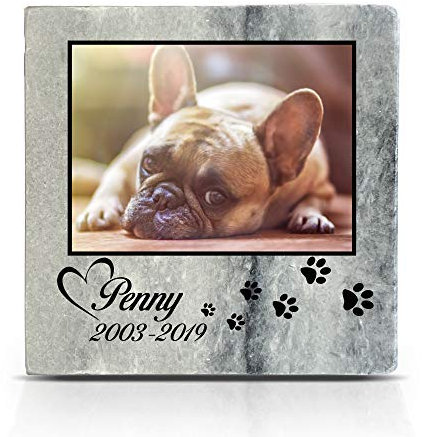 TULLUN Individueller Personalisiert Grau Natur Marmor Gedenkstein für Hund, Katze und andere Haustiere - Größe 10 x 10 cm - Foto und Pfotenabdruck