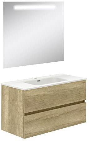 Baikal Mueble de Baño Dos cajones, suspendido a la Pared con Lavabo. Melamina 16. Mueble montado. Mueble de 90cm Nature con Espejo con Luz Led