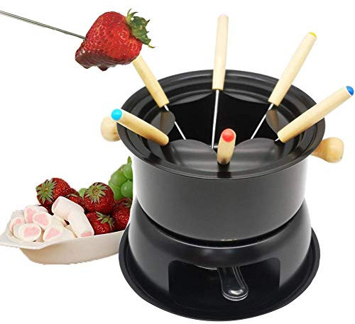 Gusseisen-Fondue-Set, Multifunktionales Stahl-EIS-Schokoladen-Käse-Hot-Pot-Schmelztiegel-Fondue-Set Küchenzubehör, Für Käsefleisch-Schokoladenbrühe-Black