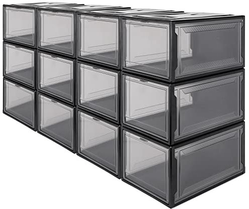 Yorbay 12er Set, Schuhbox Schuhregal, stapelbarer Schuhorganizer, plastikbox mit durchsichtiger Tür, Mehrweg Schuhaufbewahrung, 37 x26 x 20 cm, für Schuhe bis Größe 48, Schwarz