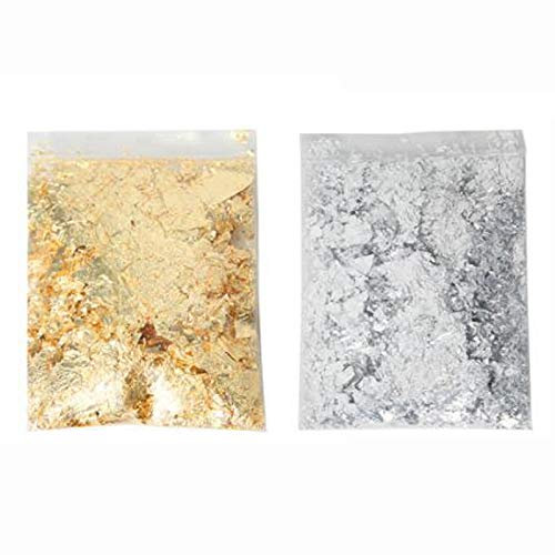 Meiyea 2 Packs of Gold Leaf Gilding Flakes Imitation Gold Metallic Foil Flakes for Nails Art, Paintings, DIY Crafts, Resin Art (Gold&Silver, Each Pack Contains 3g)