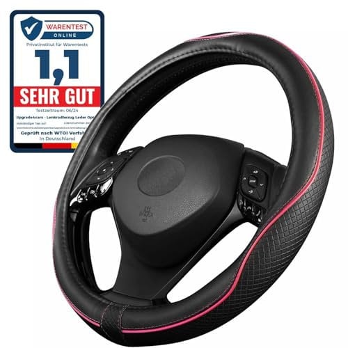 Upgrade4cars Lenkradbezug Pink Schwarz in Leder-Optik | Lenkradhülle Rosa Universal 37-38 cm für Sommer & Winter | Autozubehör Innenraum Geschenk-Ideen | Geschenke für Frauen
