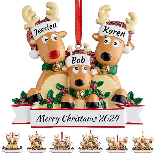 Ornamento personalizzato per albero di Natale dei cervi Famiglia di 2,3,4,5,6,7,8 Nome carino Babbo Natale renna 2024 Decorazione natalizia Regalo di Natale-Famiglia di 3