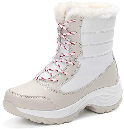 Stivali da neve da donna, foderati in pelliccia, caldi, invernali, caldi, con lacci, alti al polpaccio, per attività all'aria aperta, antiscivolo, bianco, 41 EU